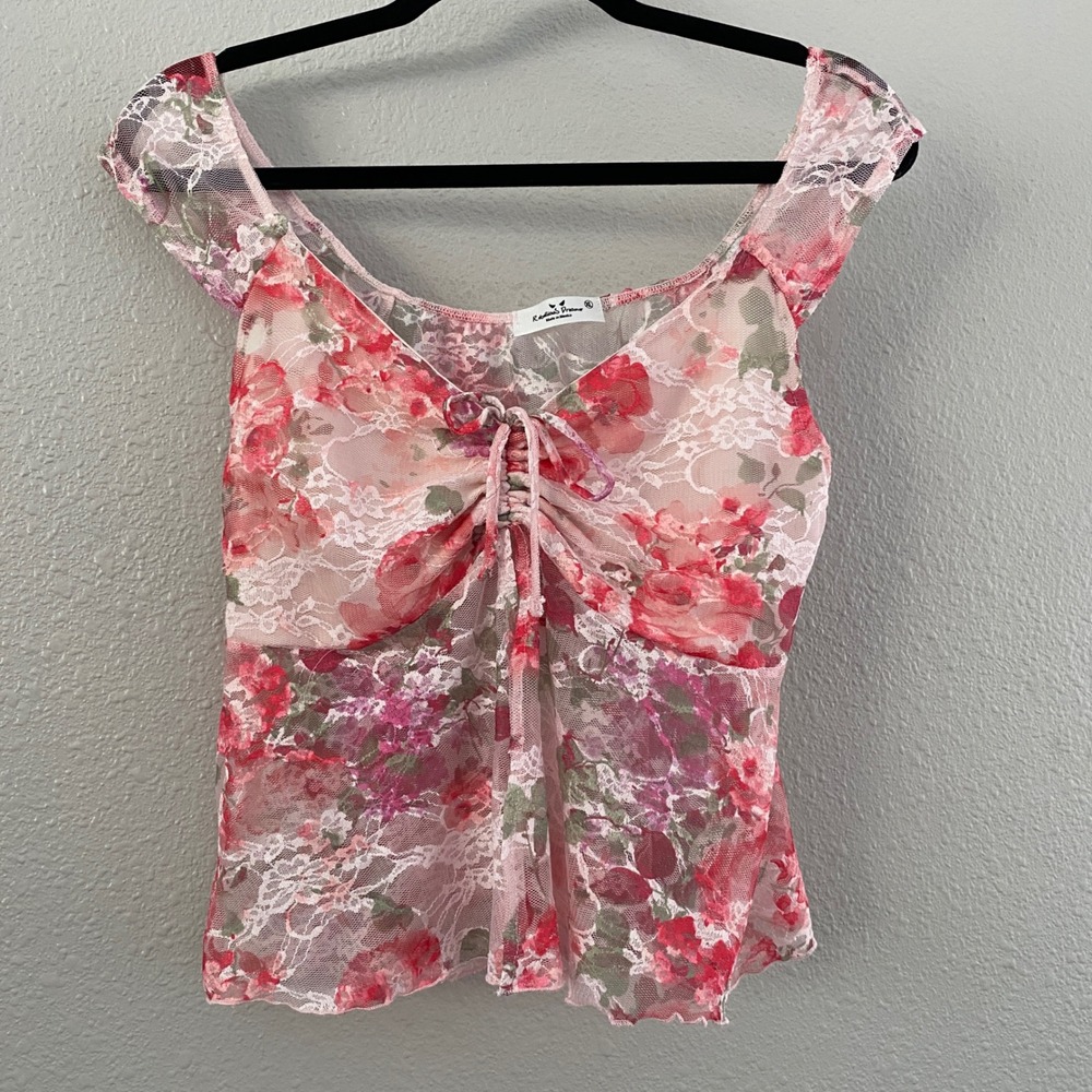 Pink Babydoll Top XL Floral Feminine Romantic Fairycore Dainty Lace Coquette